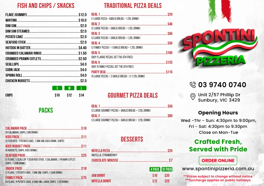 Menu, Spontini Pizzeria Sunbury