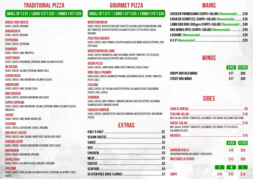 Menu, Spontini Pizzeria Sunbury