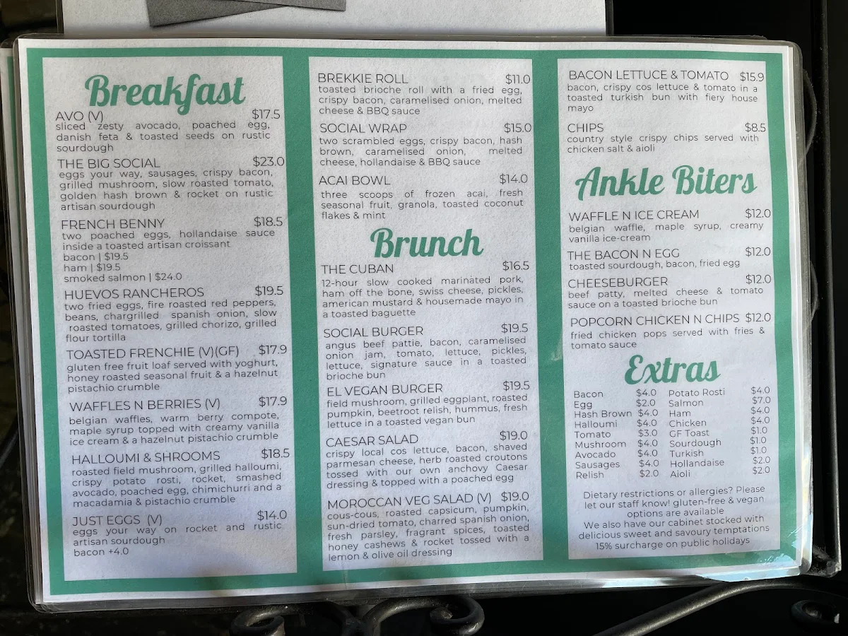 Menu, el Social Cafe Bar Kitchen