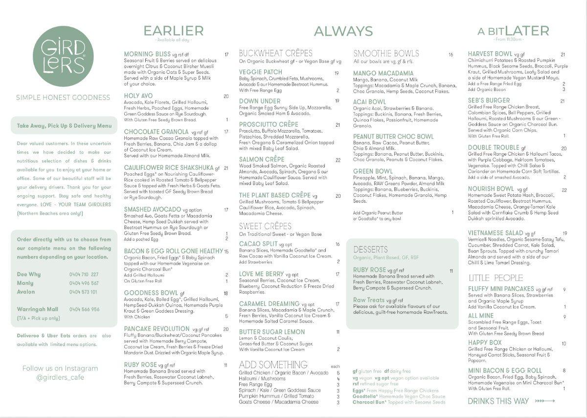Menu, Girdlers Café - Avalon