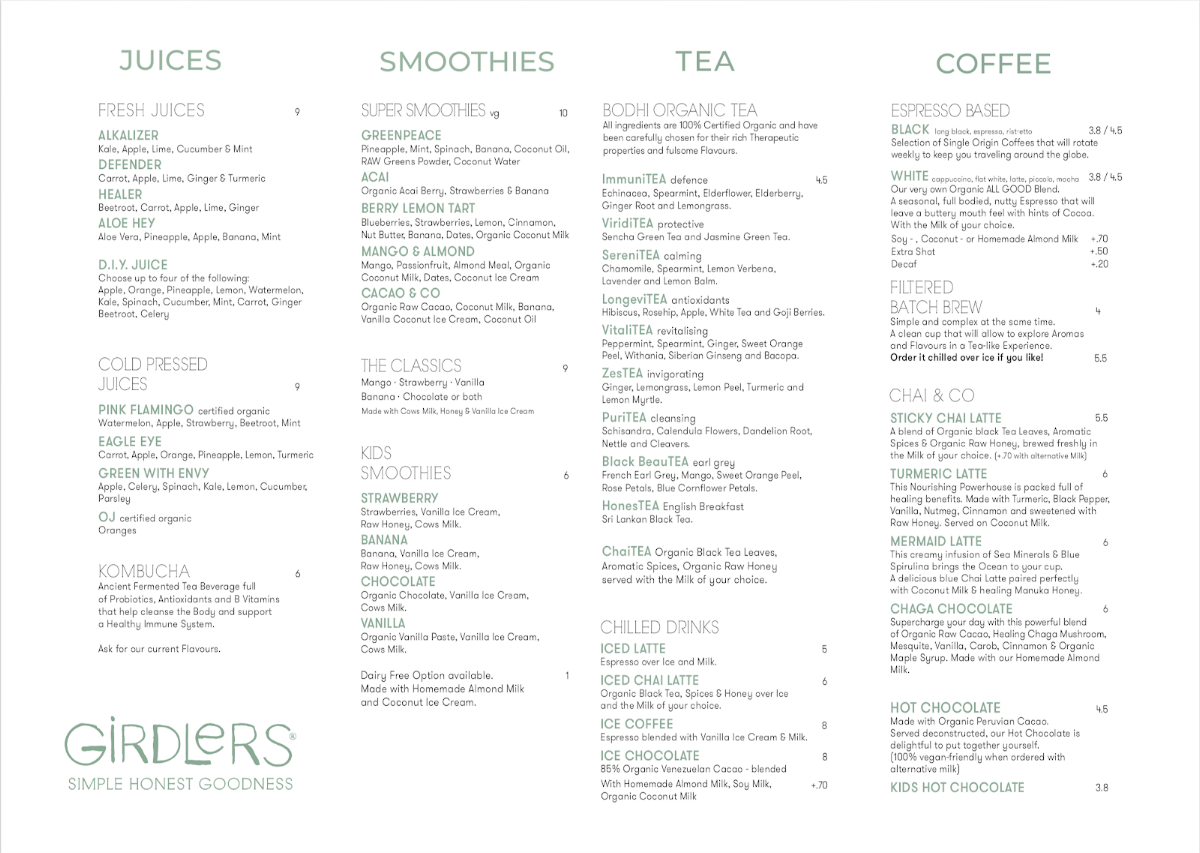 Menu, Girdlers Café - Avalon