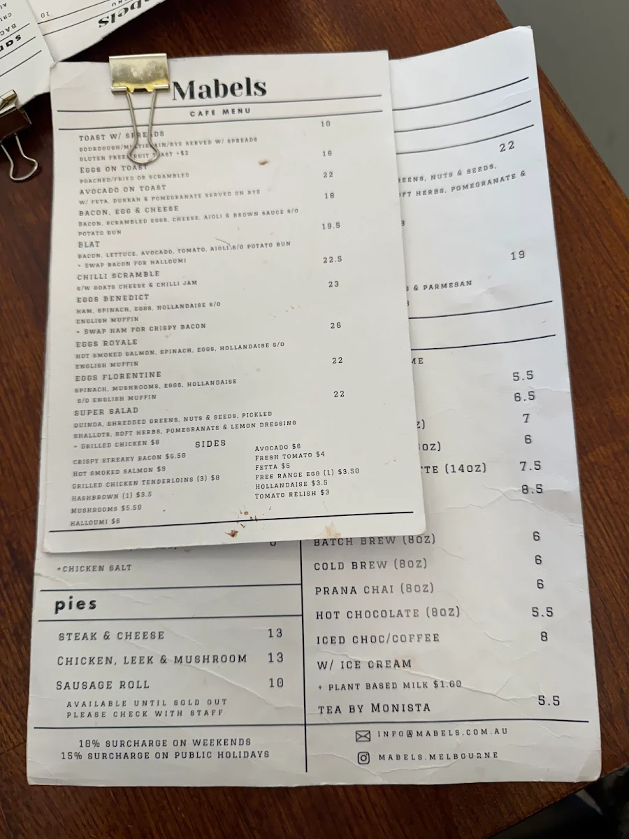Menu, Mabels