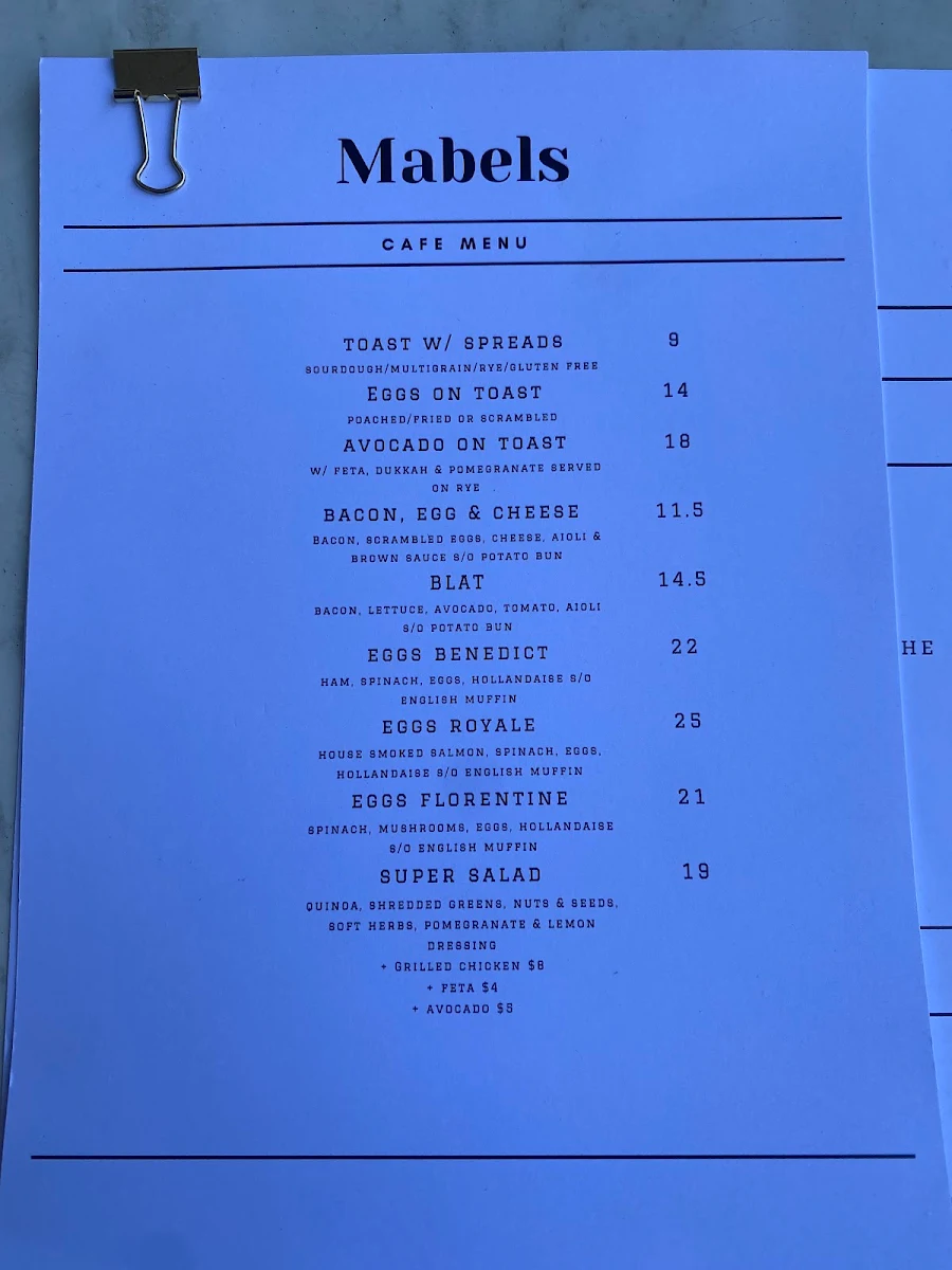 Menu, Mabels