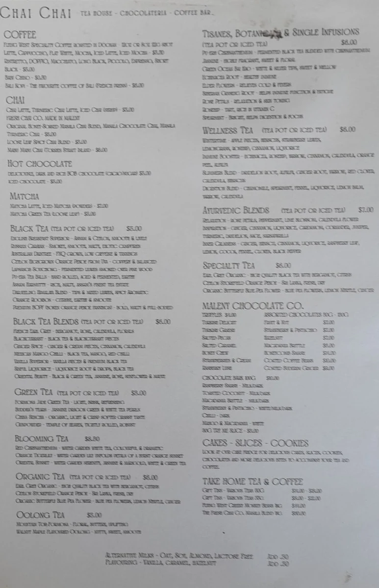 Menu, Chai Chai. Tea House. Coffee Bar. Chocolateria.
