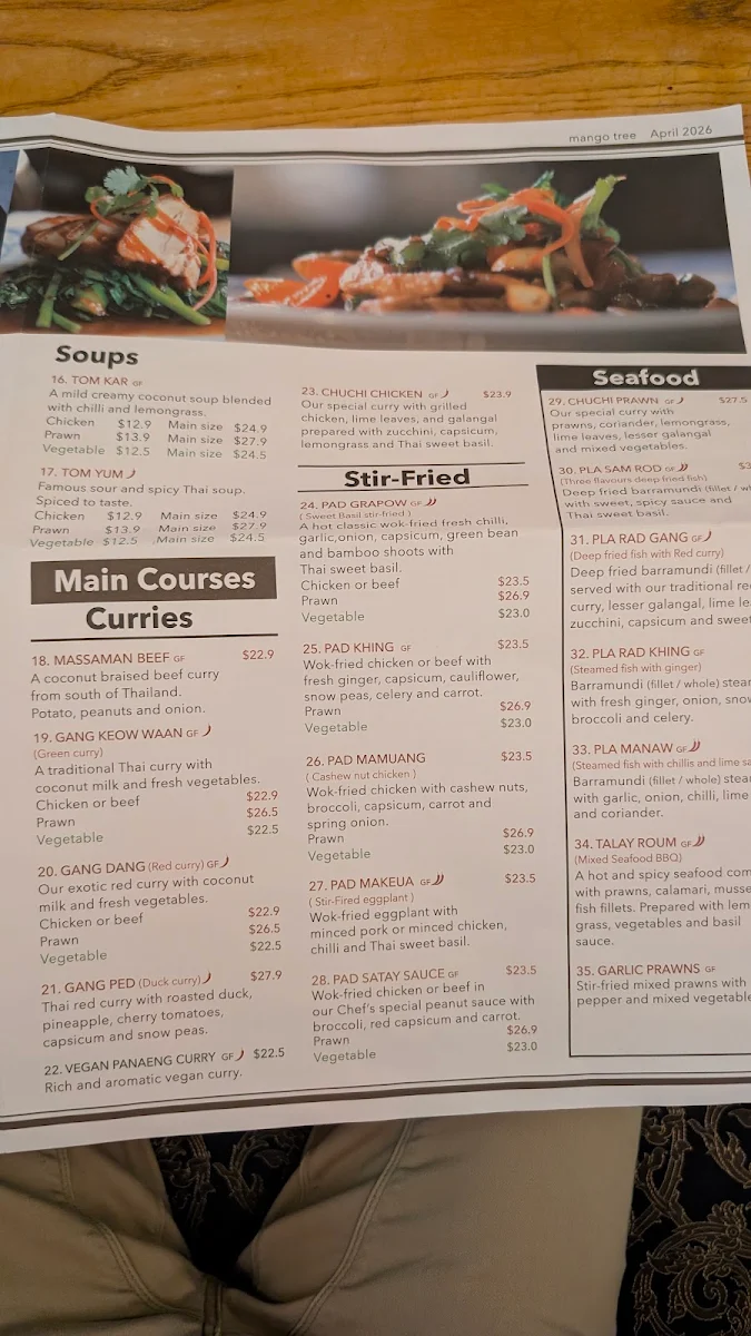 Menu, Mango Tree Thai Mount Waverley