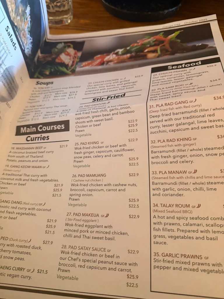Menu, Mango Tree Thai Mount Waverley