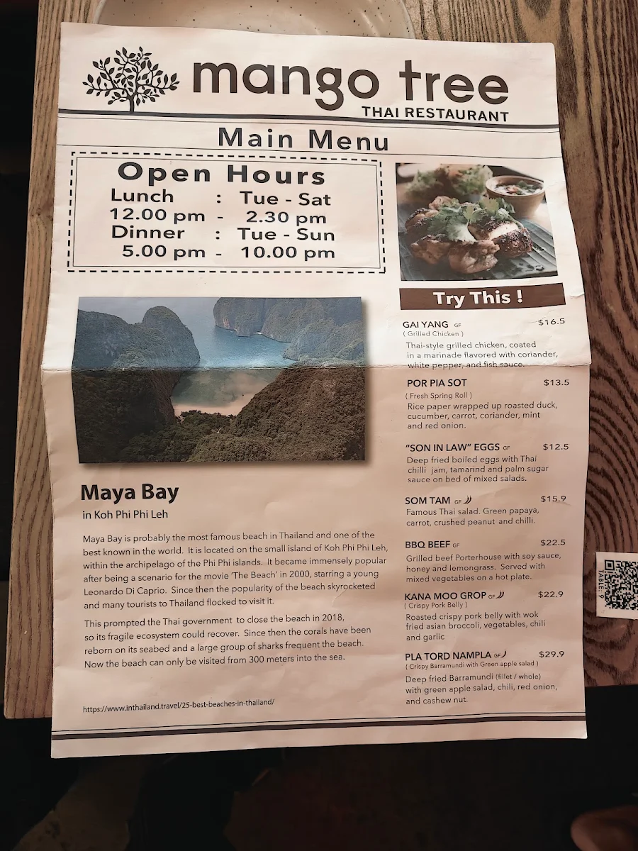 Menu, Mango Tree Thai Mount Waverley