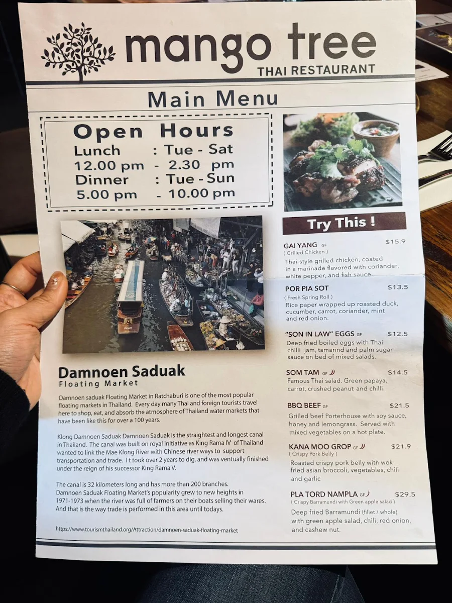 Menu, Mango Tree Thai Mount Waverley