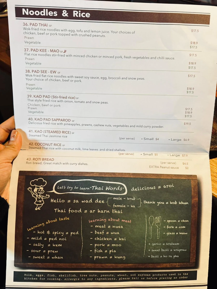 Menu, Mango Tree Thai Mount Waverley