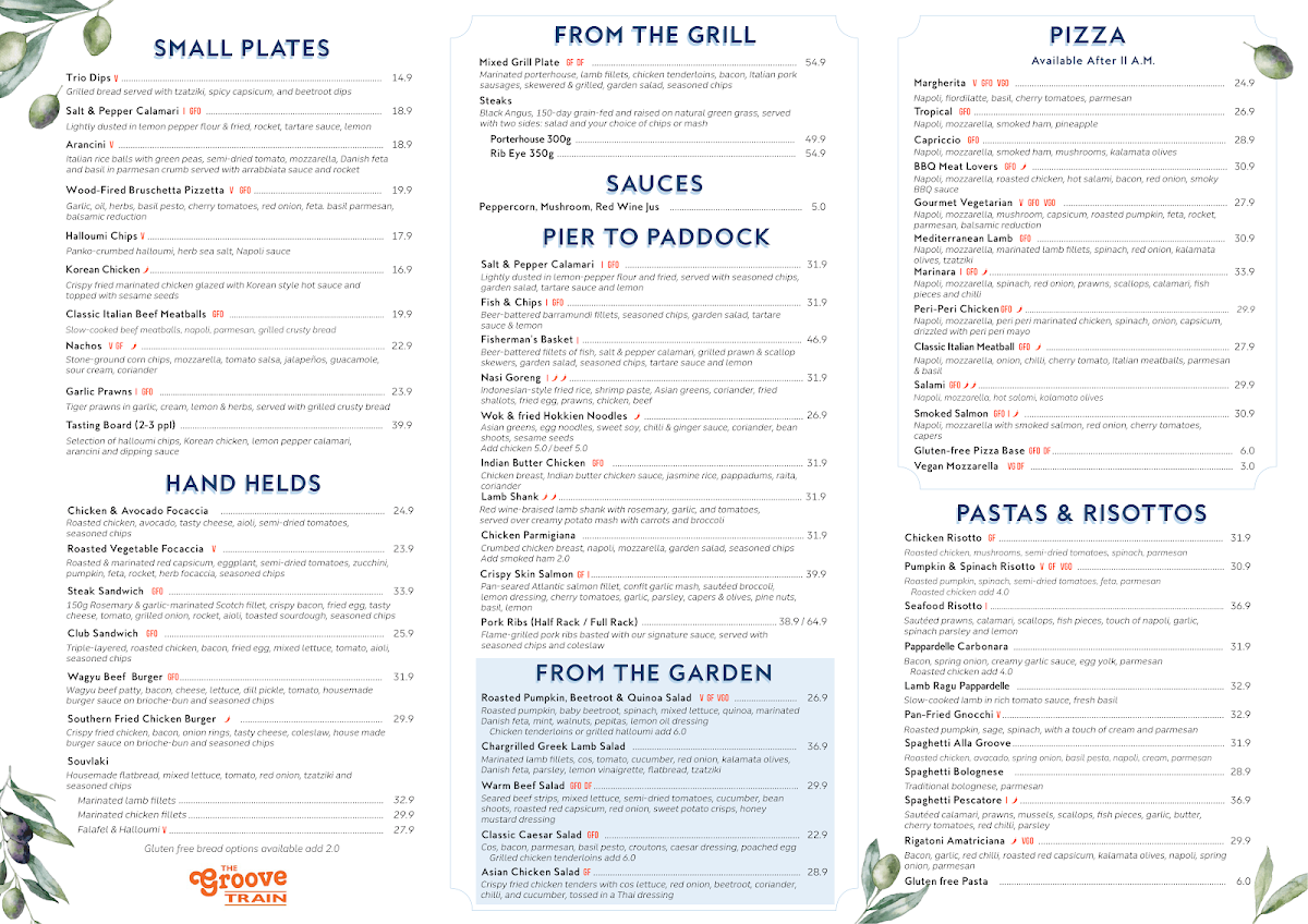 Menu, The Groove Train Cranbourne