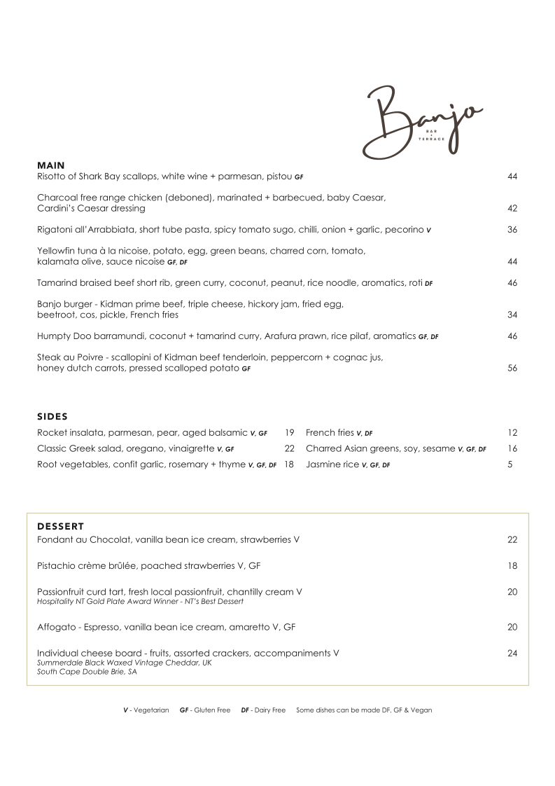Menu, Banjo Bar & Terrace