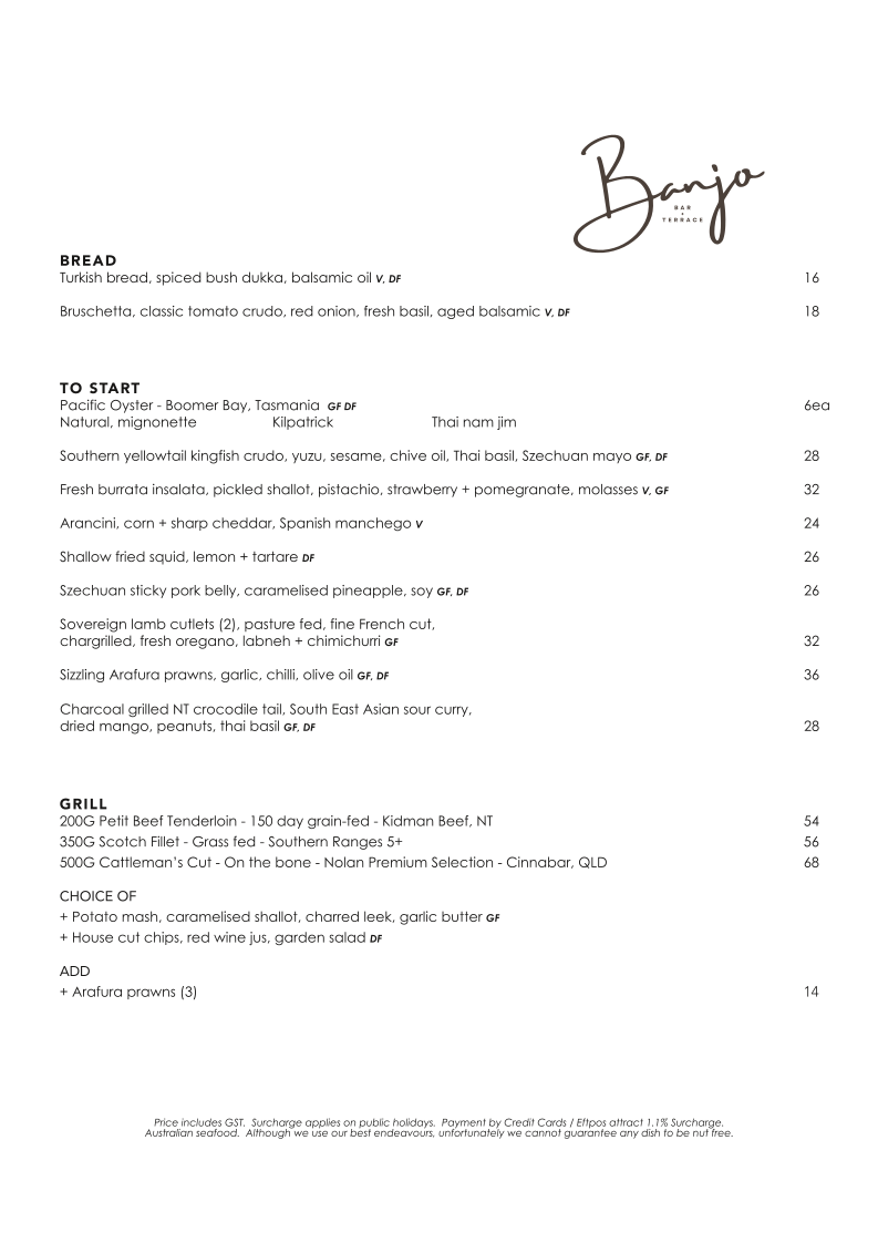 Menu, Banjo Bar & Terrace