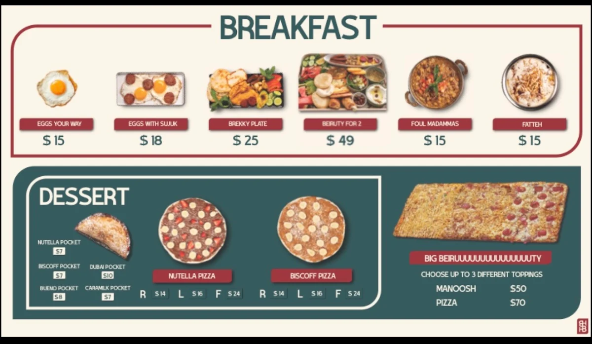 Menu, Beiruty Bakehouse