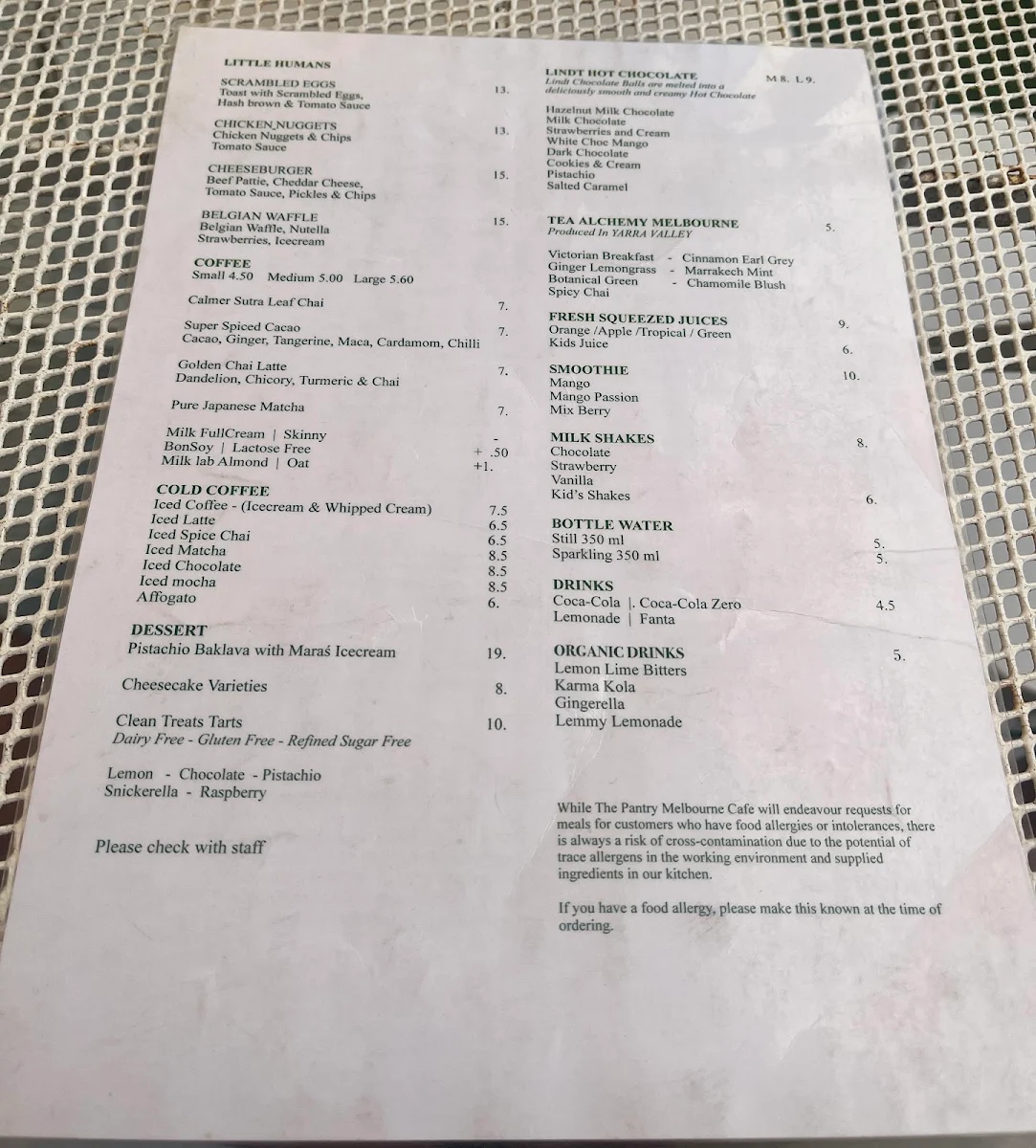 Menu, The Pantry Melbourne
