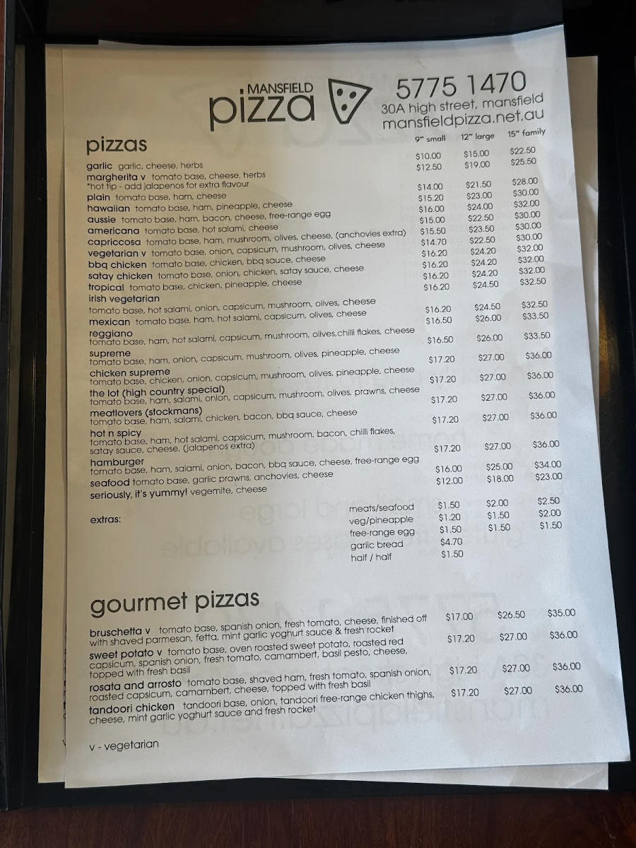 Menu, Mansfield Pizza
