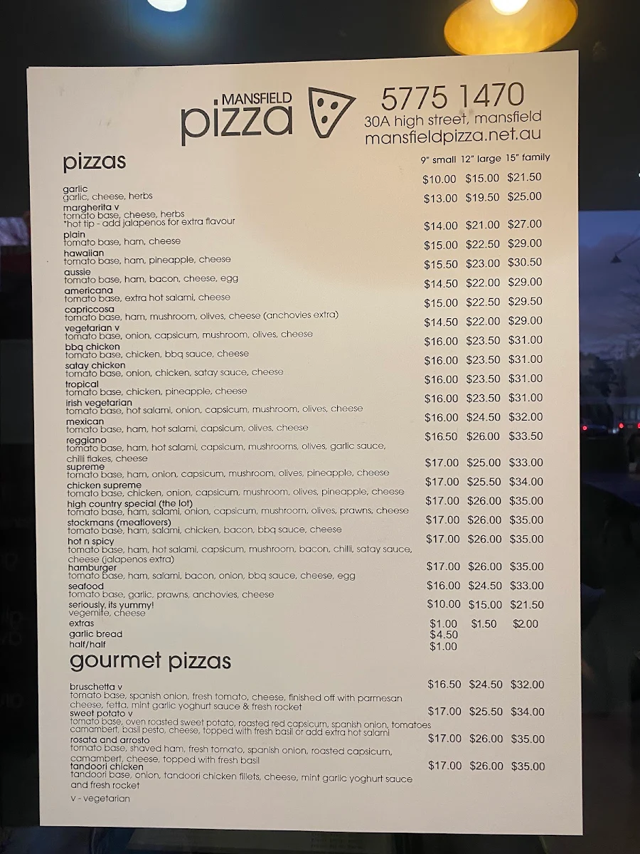 Menu, Mansfield Pizza