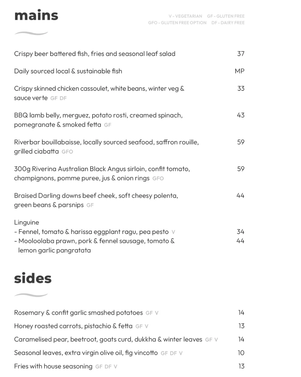 Menu, River Bar + Dining