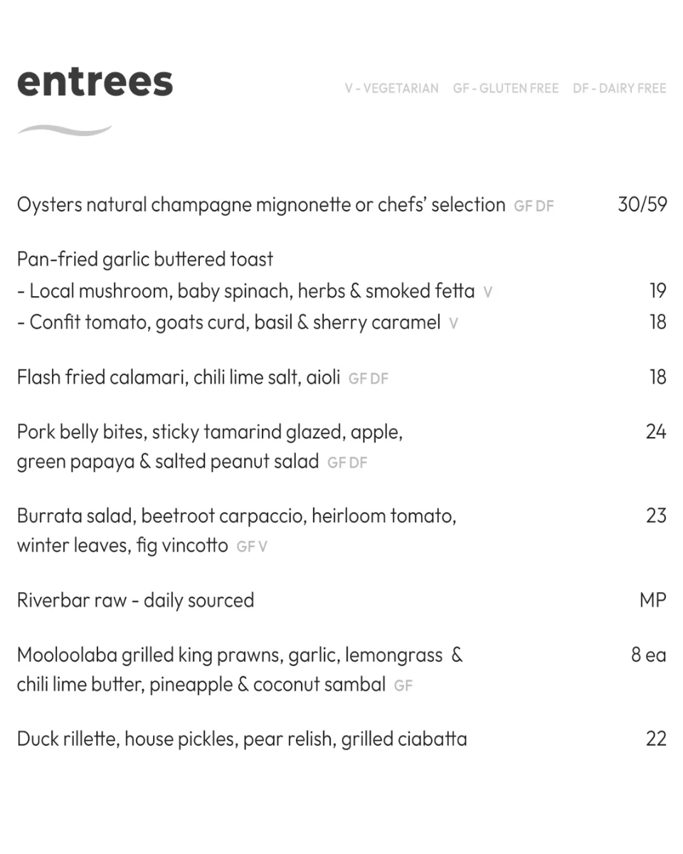 Menu, River Bar + Dining