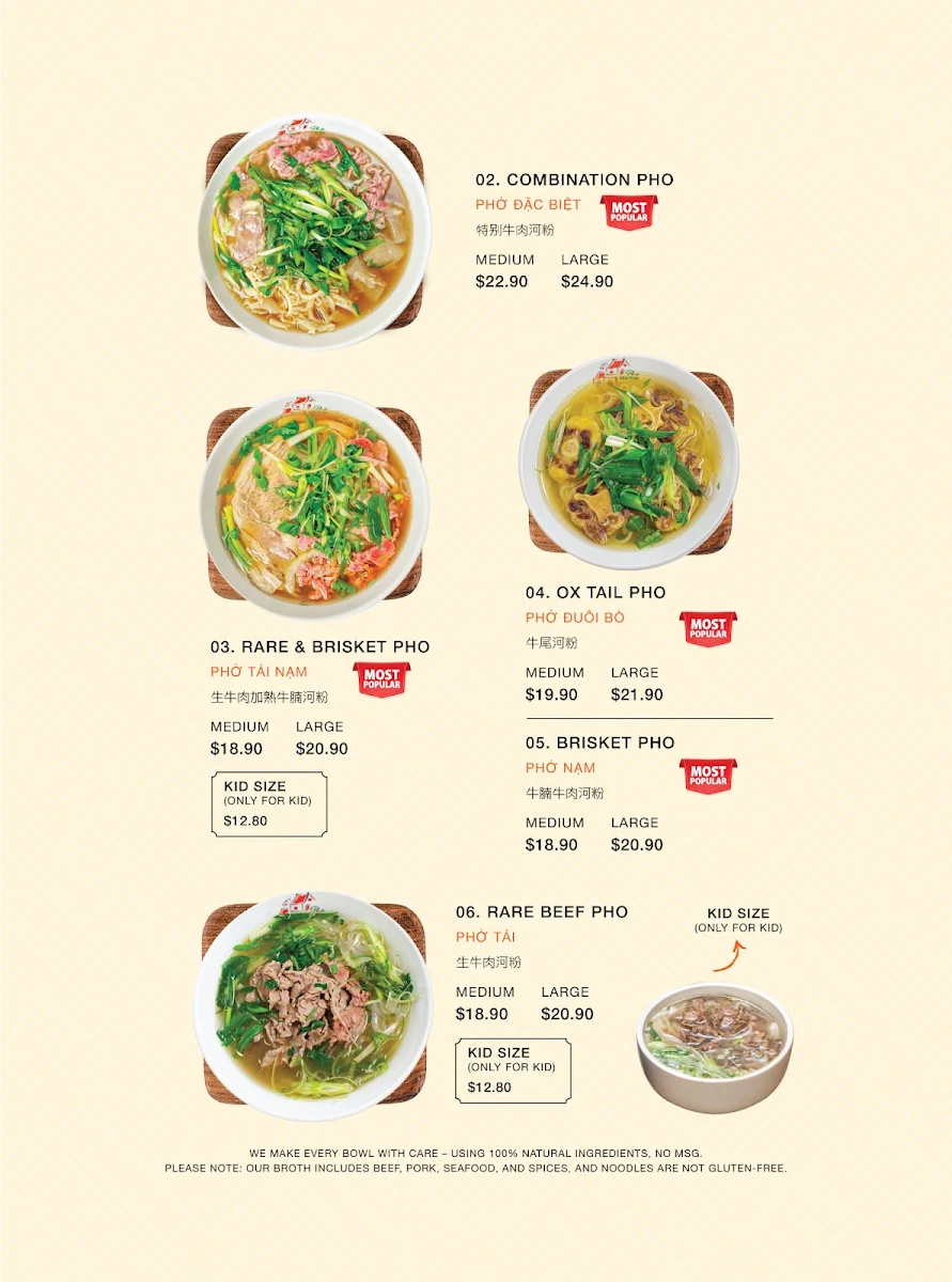 Menu, Pho Hanoi 1979 Sydney