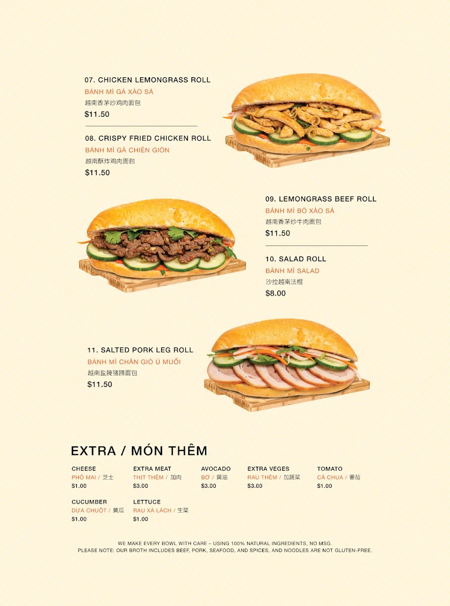 Menu, Pho Hanoi 1979 Sydney