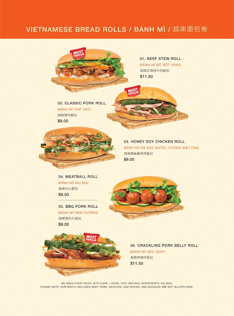 Menu, Pho Hanoi 1979 Sydney