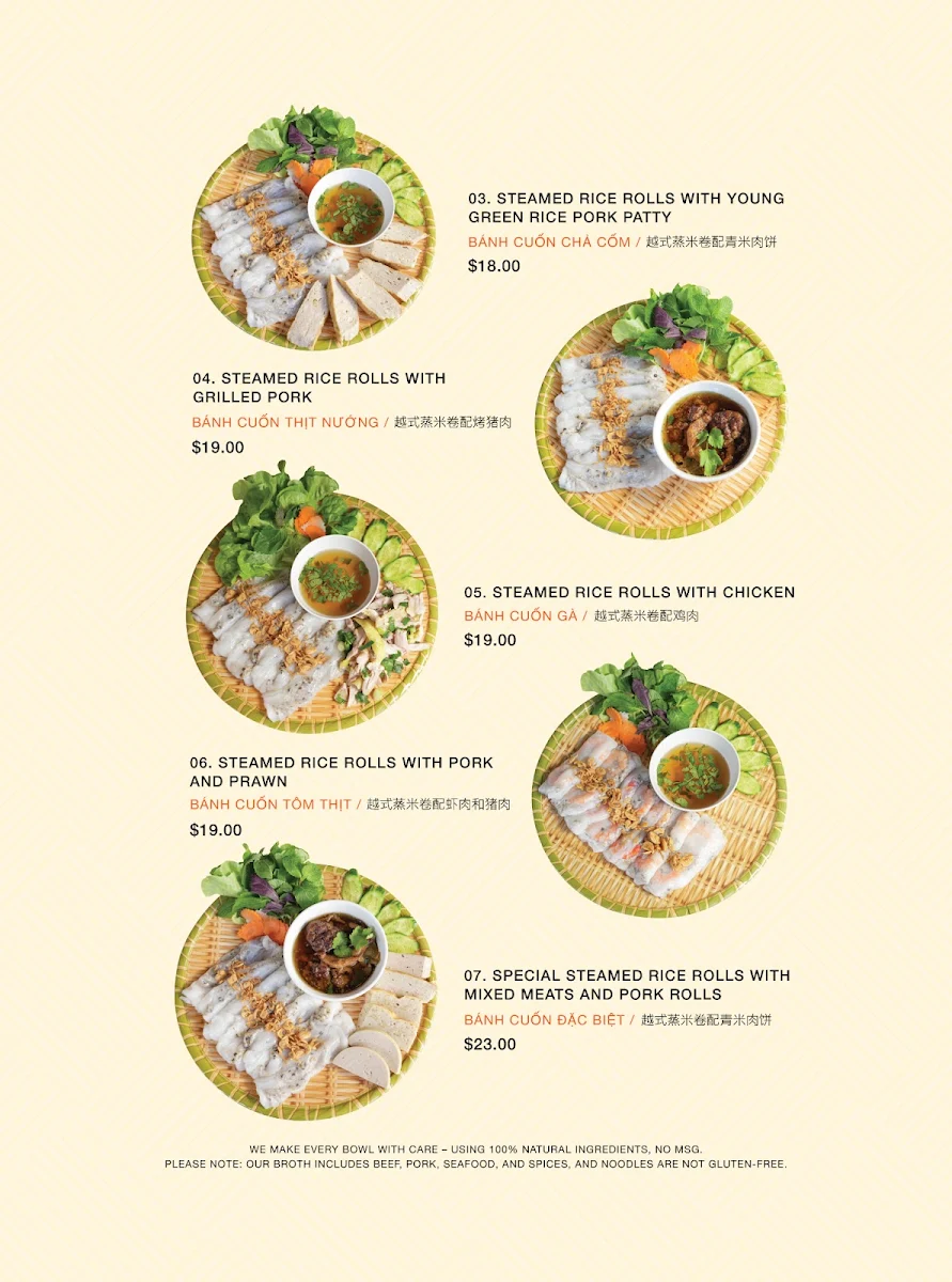 Menu, Pho Hanoi 1979 Sydney
