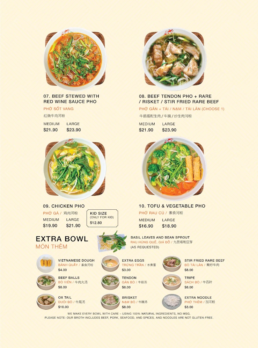 Menu, Pho Hanoi 1979 Sydney