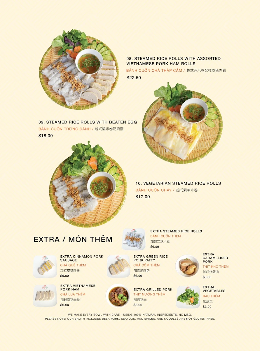 Menu, Pho Hanoi 1979 Sydney