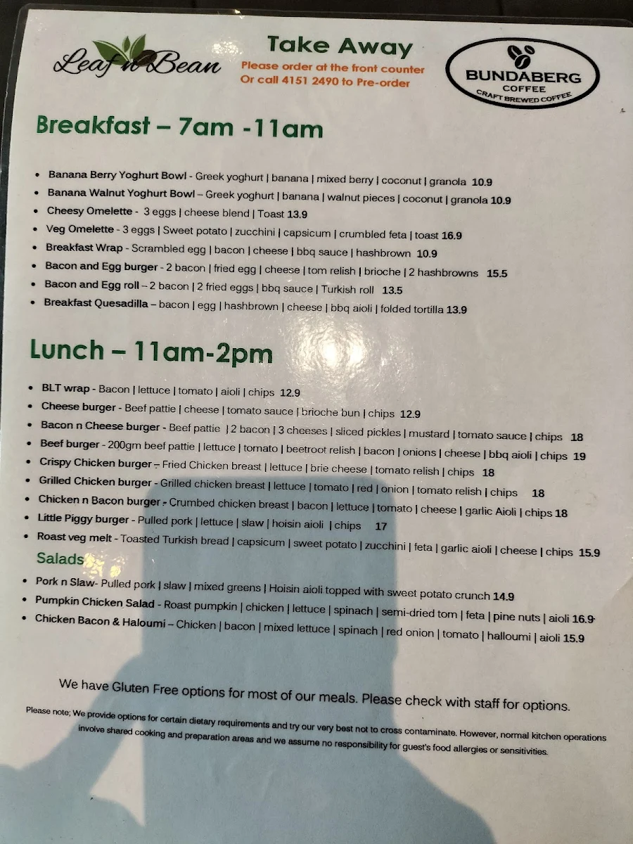 Menu, Leaf n Bean TAKEAWAY Coffee and Food