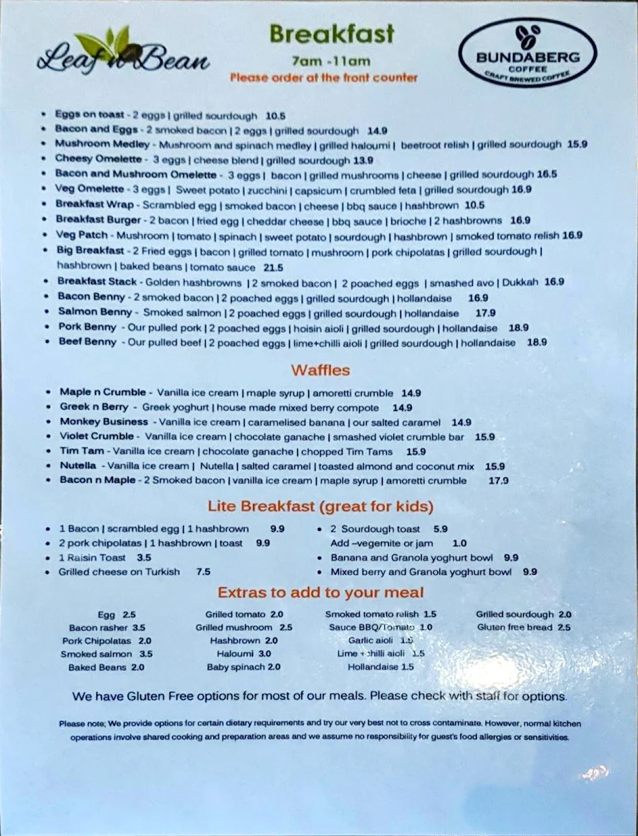 Menu, Leaf n Bean TAKEAWAY Coffee and Food