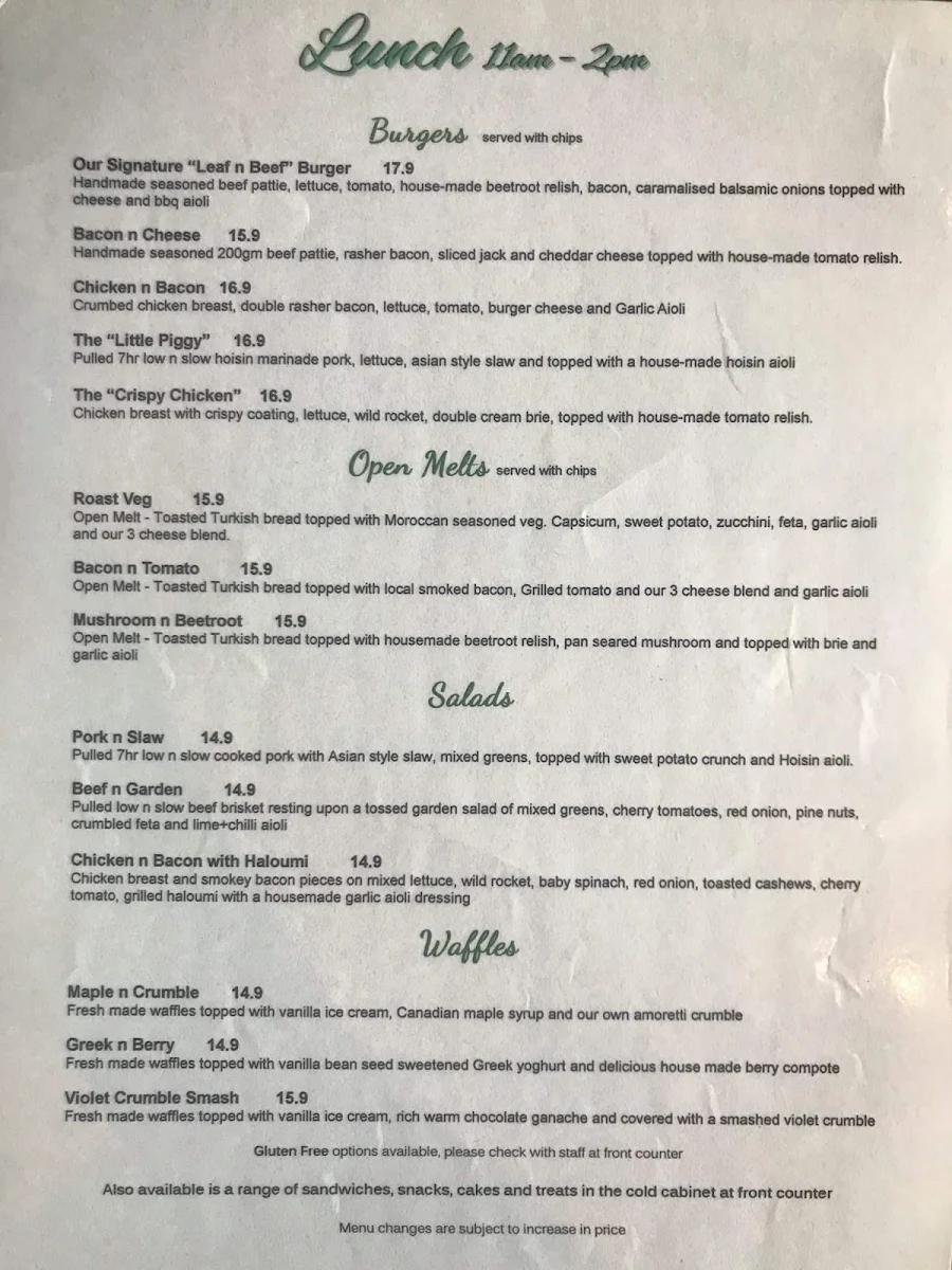 Menu, Leaf n Bean TAKEAWAY Coffee and Food