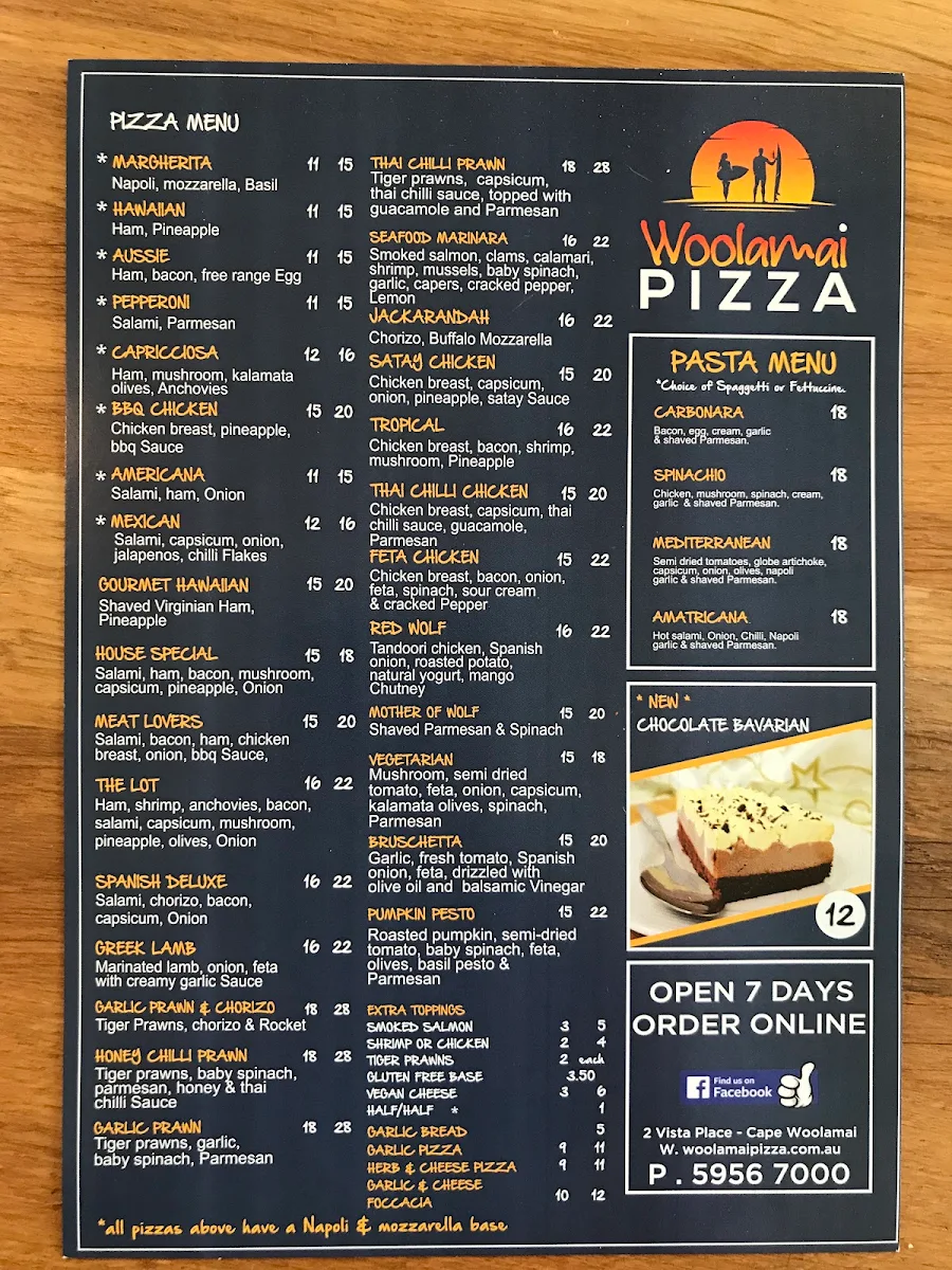 Menu, Woolamai Pizza