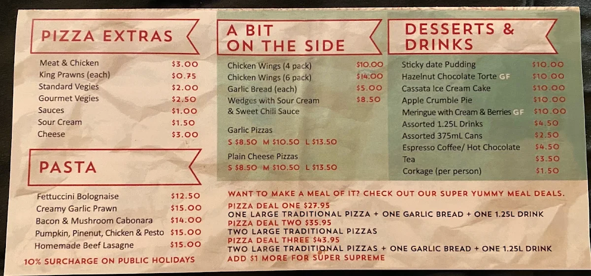 Menu, Tenterfield Gourmet Pizza