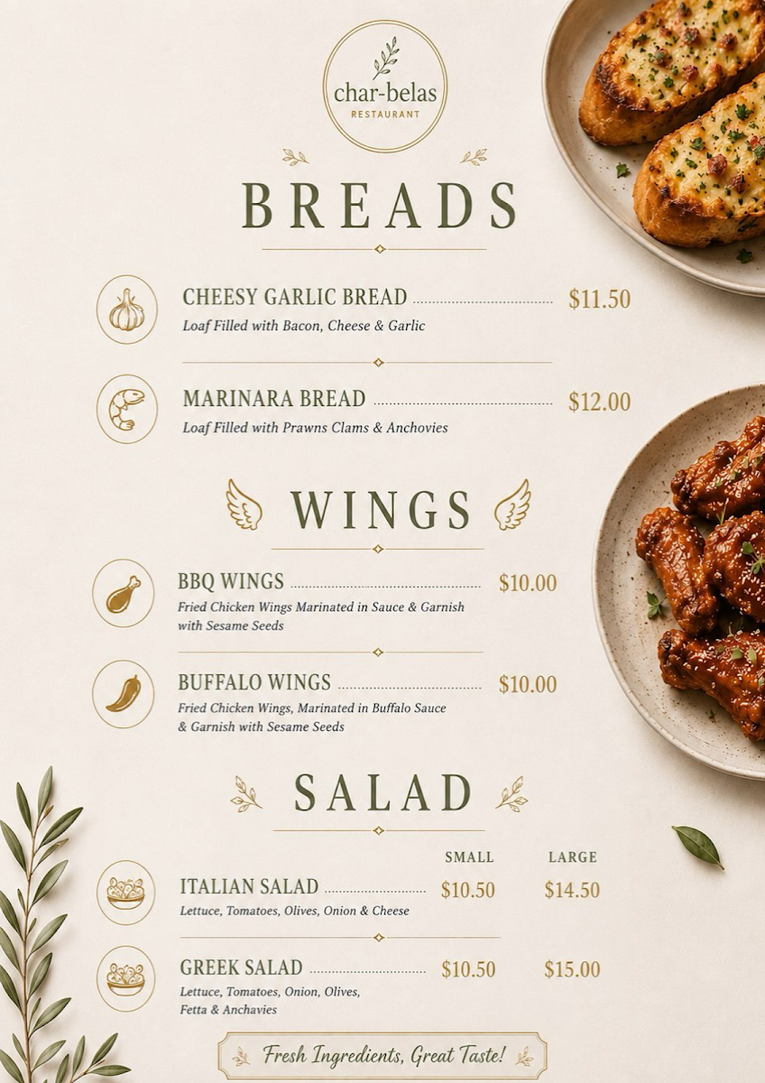 Menu, Char Belas Restaurant
