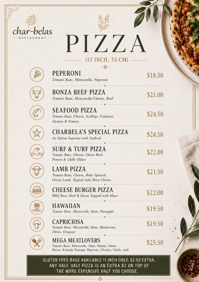 Menu, Char Belas Restaurant