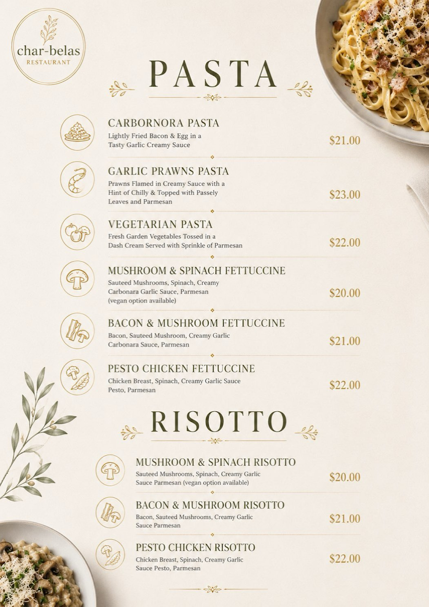 Menu, Char Belas Restaurant