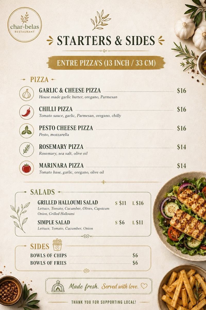 Menu, Char Belas Restaurant