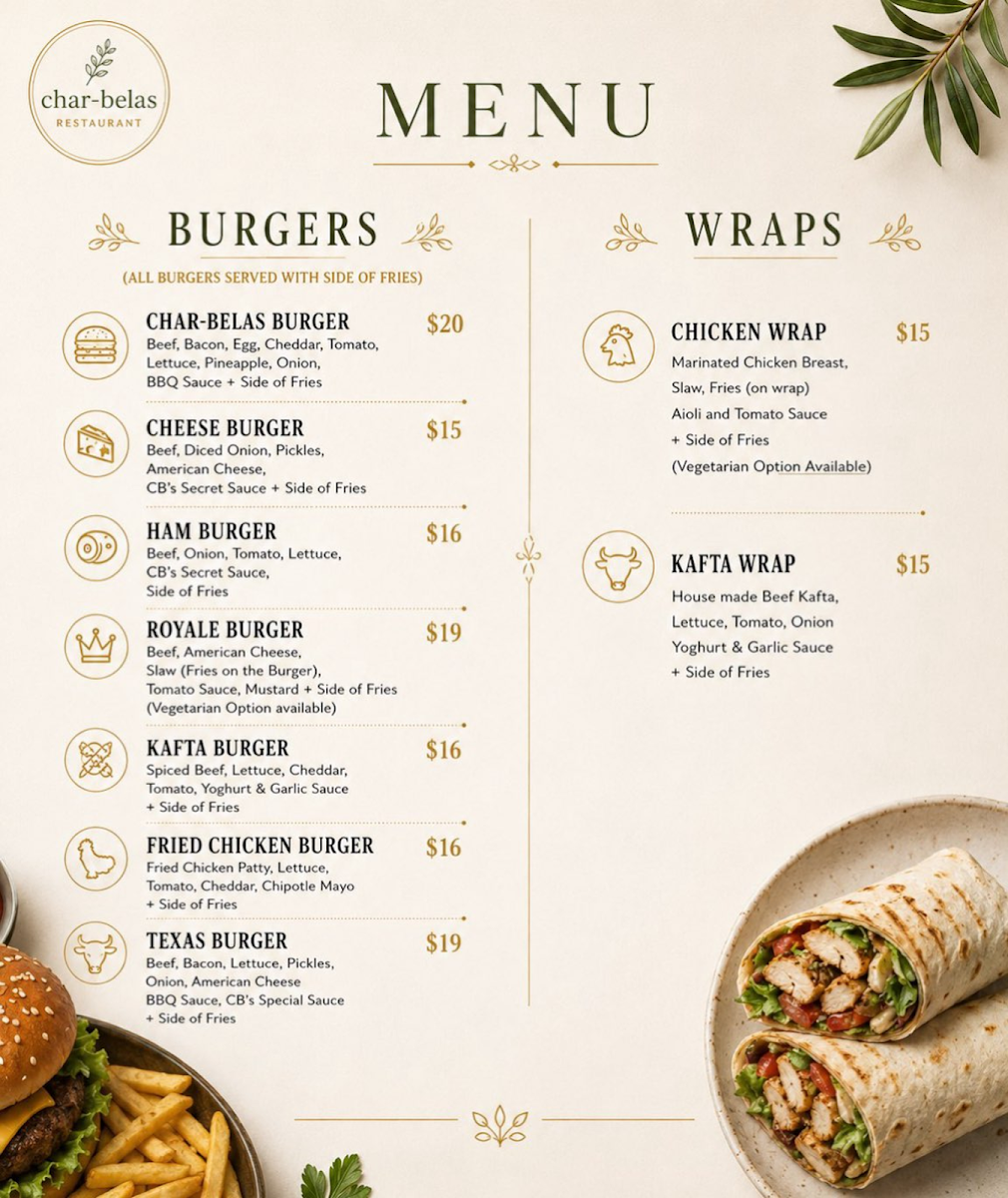 Menu, Char Belas Restaurant