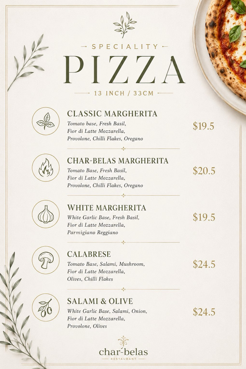 Menu, Char Belas Restaurant
