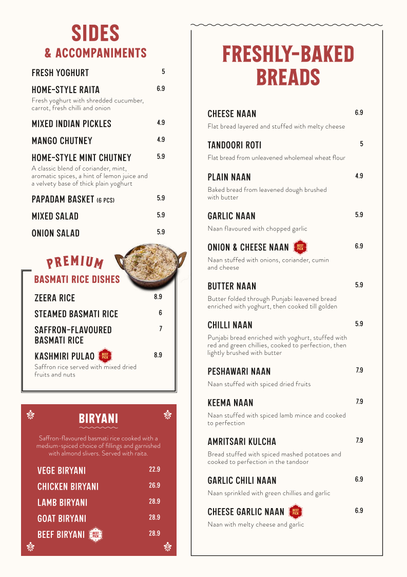 Menu, Curry Munchers
