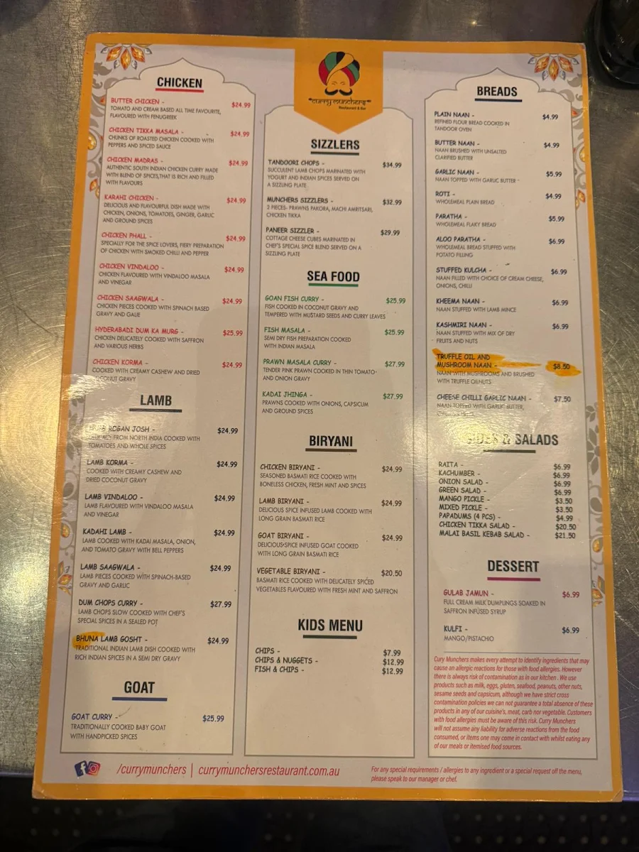Menu, Curry Munchers