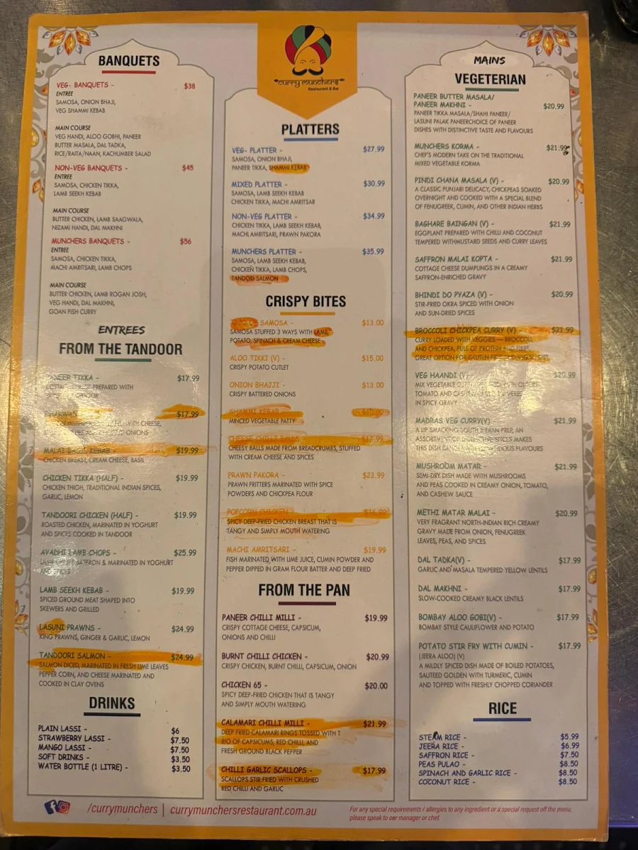 Menu, Curry Munchers