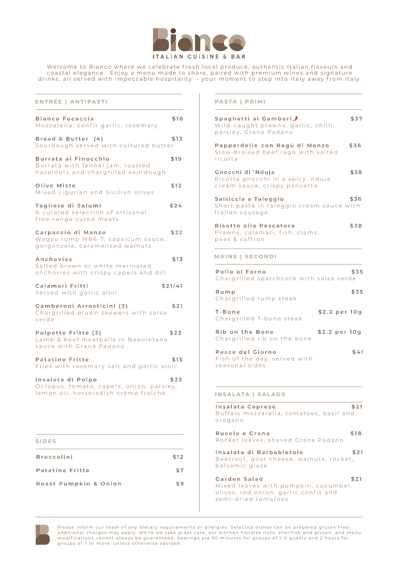 Menu, Bianco Italian Cuisine & Bar