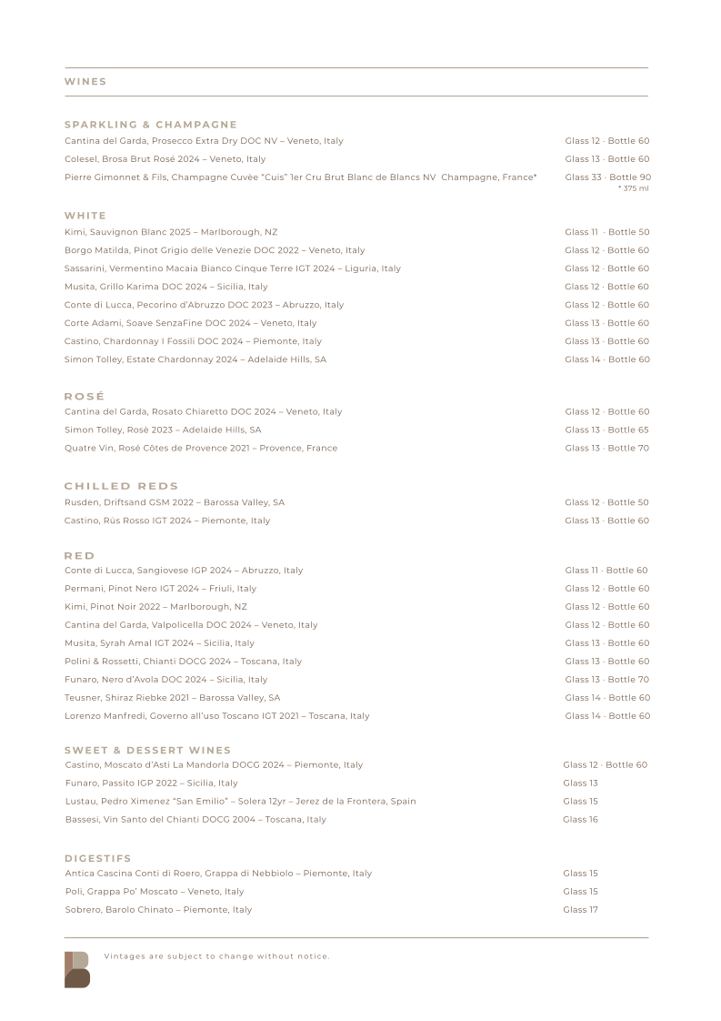 Menu, Bianco Italian Cuisine & Bar