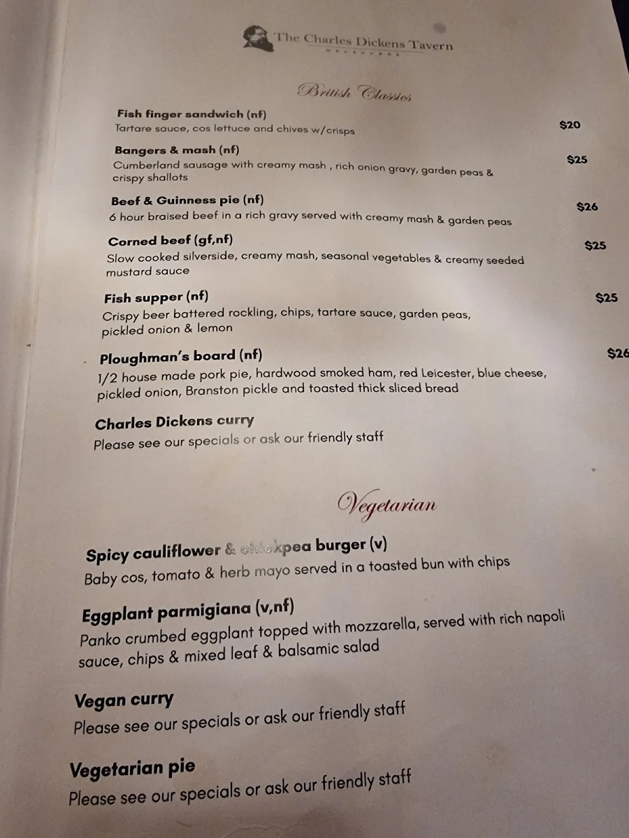 Menu, The Charles Dickens Tavern
