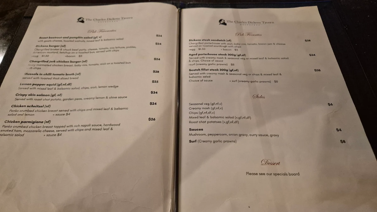 Menu, The Charles Dickens Tavern