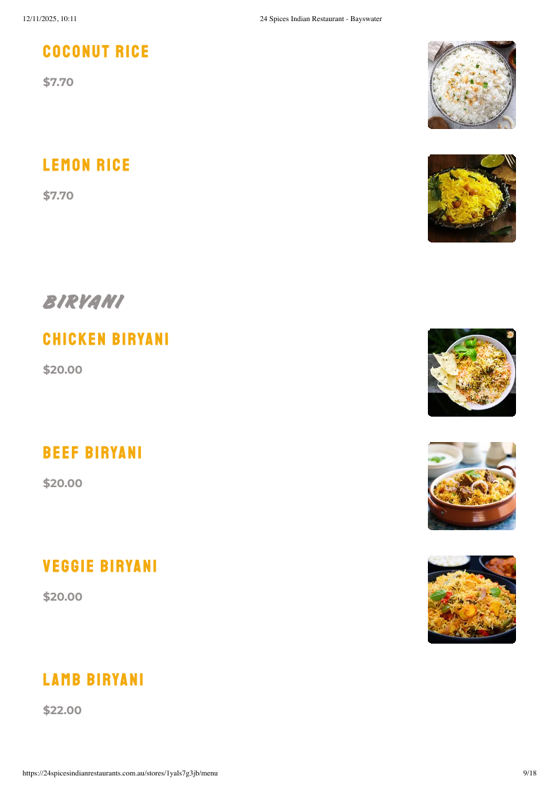 Menu, 24 Spices Indian Restaurant, Sweets and Cake, Bayswater