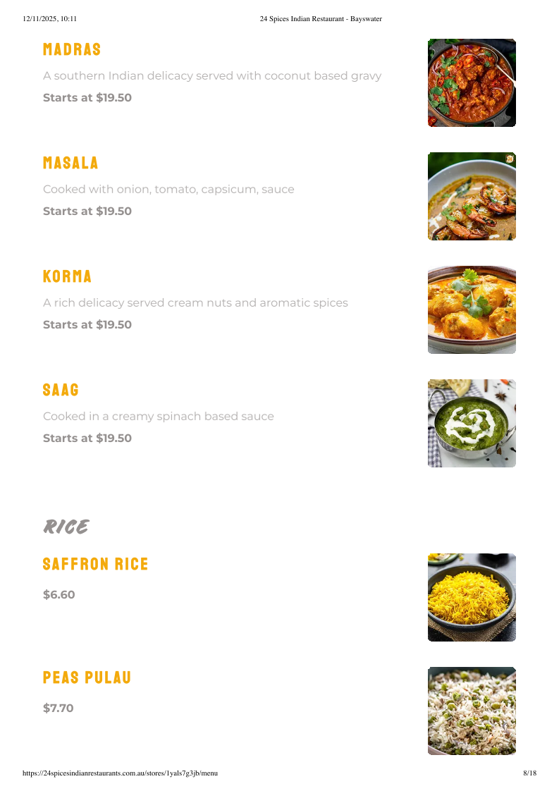 Menu, 24 Spices Indian Restaurant, Sweets and Cake, Bayswater