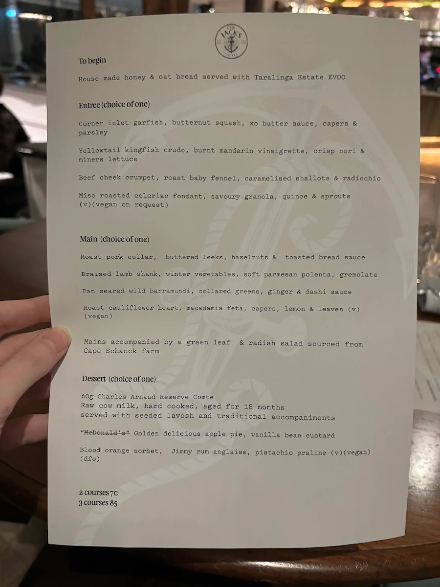 Menu, Cptn Jack's