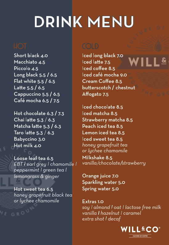 Menu, Will & Co Chatswood
